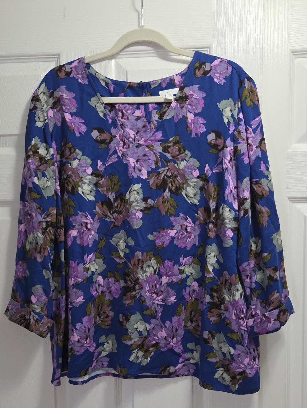 J. Jill Blue Floral Long Sleeve Top with Purple Blossoms